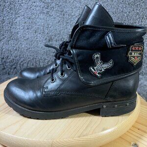 Rock & Candy Combat Boots Deane Womens Size 8 Black Military Patches Ankle Fold